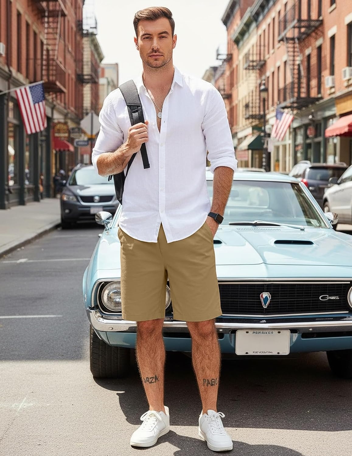 image:imageCOOFANDY Mens Casual Shorts Cotton Elastic Waist Drawstring Summer Shorts Stretch Waist Lightweight Soft Breathable Classic fit Vacation Beach ShortsLight Brown