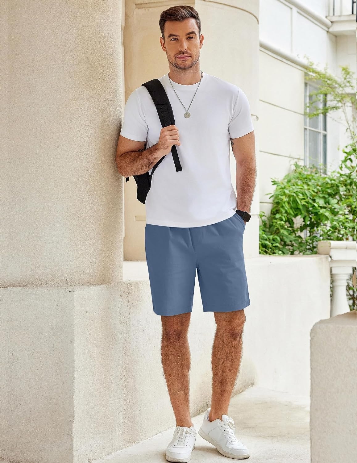image:imageCOOFANDY Mens Casual Shorts Cotton Elastic Waist Drawstring Summer Shorts Stretch Waist Lightweight Soft Breathable Classic fit Vacation Beach ShortsDenim Blue