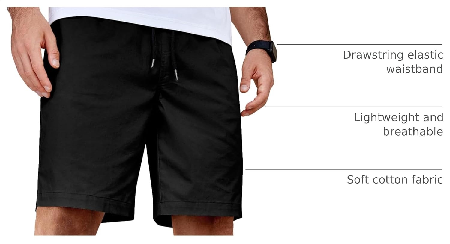 image:imageCOOFANDY Mens Casual Shorts Cotton Elastic Waist Drawstring Summer Shorts Stretch Waist Lightweight Soft Breathable Classic fit Vacation Beach ShortsBlack