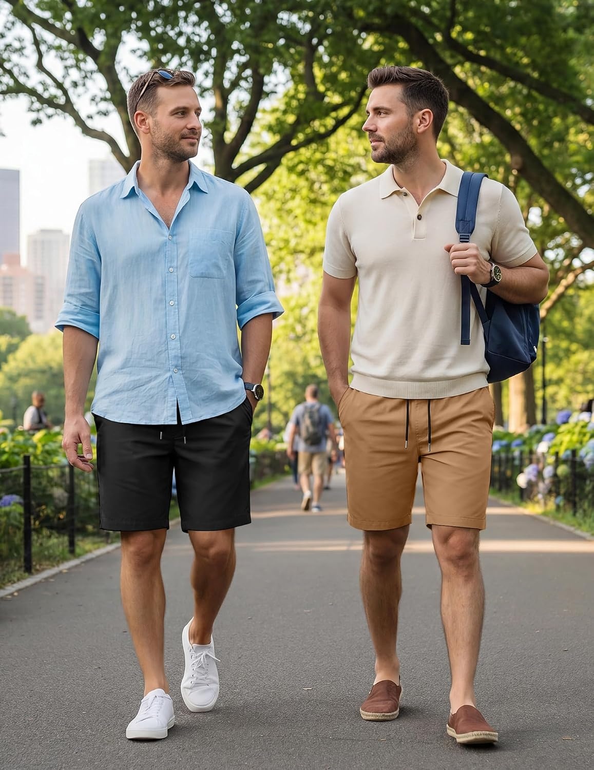 image:imageCOOFANDY Mens Casual Shorts Cotton Elastic Waist Drawstring Summer Shorts Stretch Waist Lightweight Soft Breathable Classic fit Vacation Beach Shorts2 Pack Black Dark Khaki