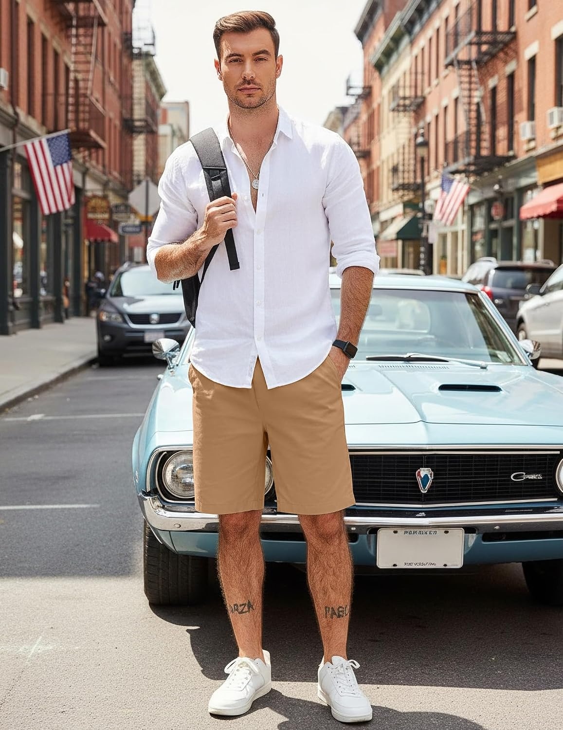 image:imageCOOFANDY Mens Casual Shorts Cotton Elastic Waist Drawstring Summer Shorts Stretch Waist Lightweight Soft Breathable Classic fit Vacation Beach ShortsDark Khaki