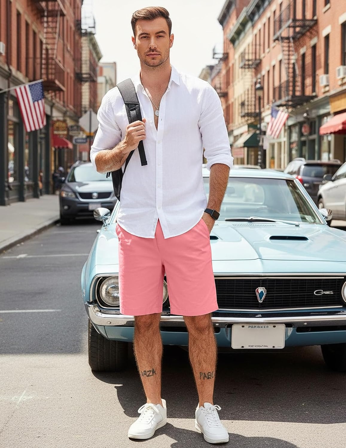 image:imageCOOFANDY Mens Casual Shorts Cotton Elastic Waist Drawstring Summer Shorts Stretch Waist Lightweight Soft Breathable Classic fit Vacation Beach ShortsPink