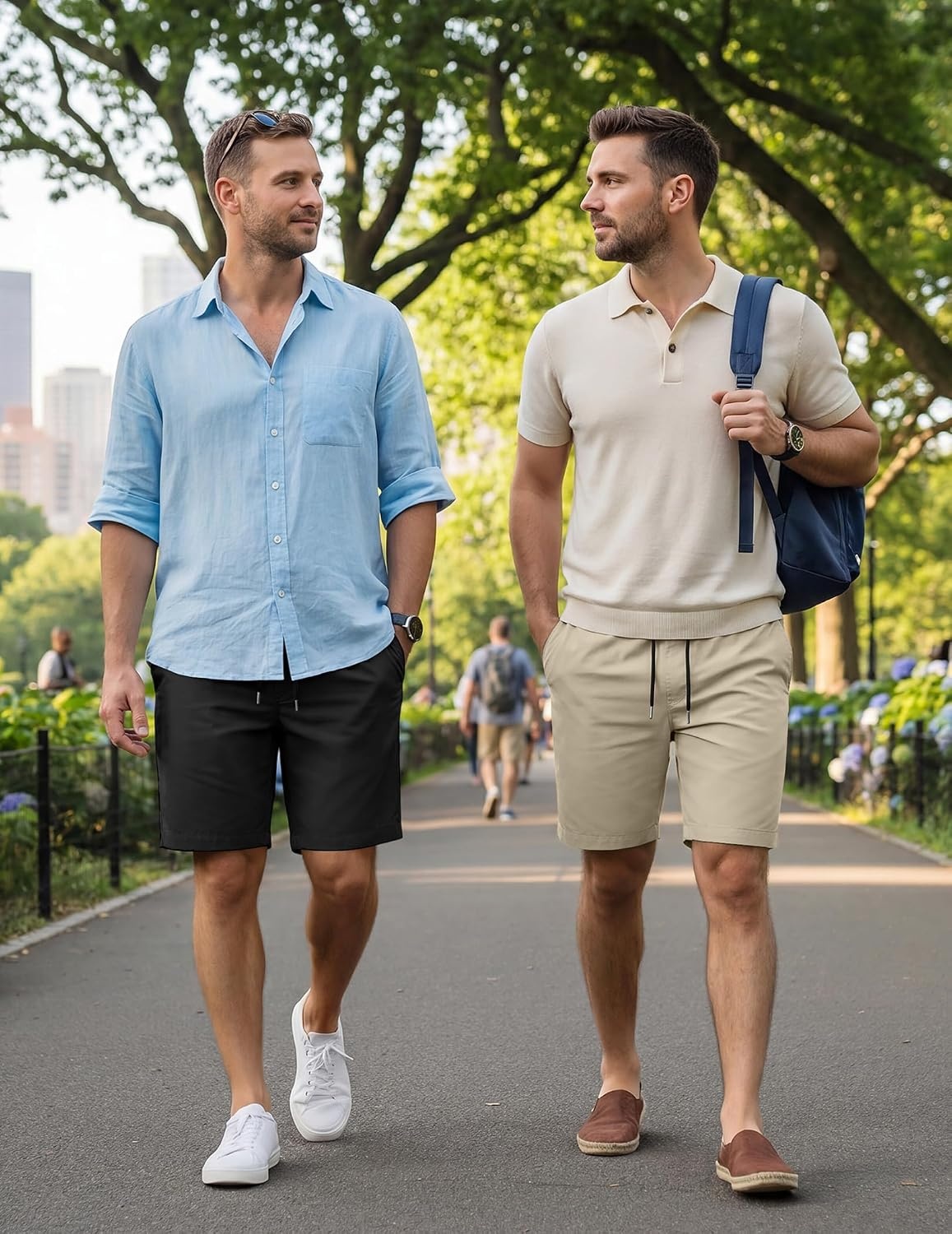 image:imageCOOFANDY Mens Casual Shorts Cotton Elastic Waist Drawstring Summer Shorts Stretch Waist Lightweight Soft Breathable Classic fit Vacation Beach Shorts2 Pack Black Light Khaki