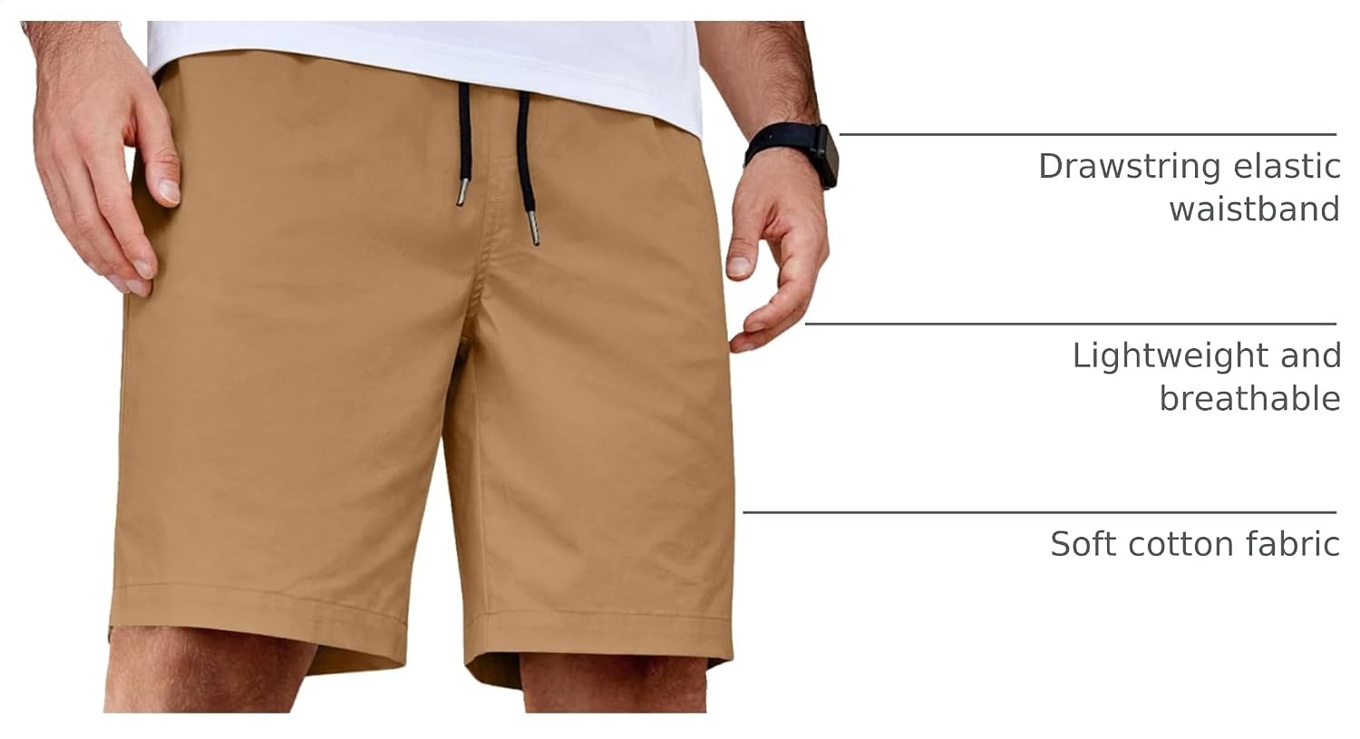 image:imageCOOFANDY Mens Casual Shorts Cotton Elastic Waist Drawstring Summer Shorts Stretch Waist Lightweight Soft Breathable Classic fit Vacation Beach ShortsDark Khaki