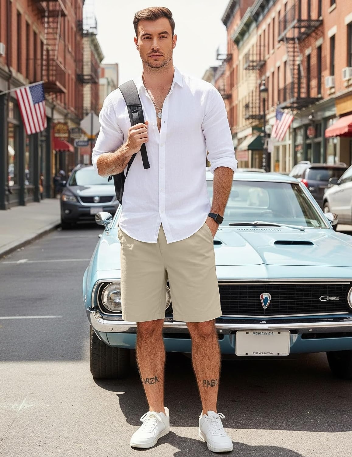 image:imageCOOFANDY Mens Casual Shorts Cotton Elastic Waist Drawstring Summer Shorts Stretch Waist Lightweight Soft Breathable Classic fit Vacation Beach ShortsLight Khaki