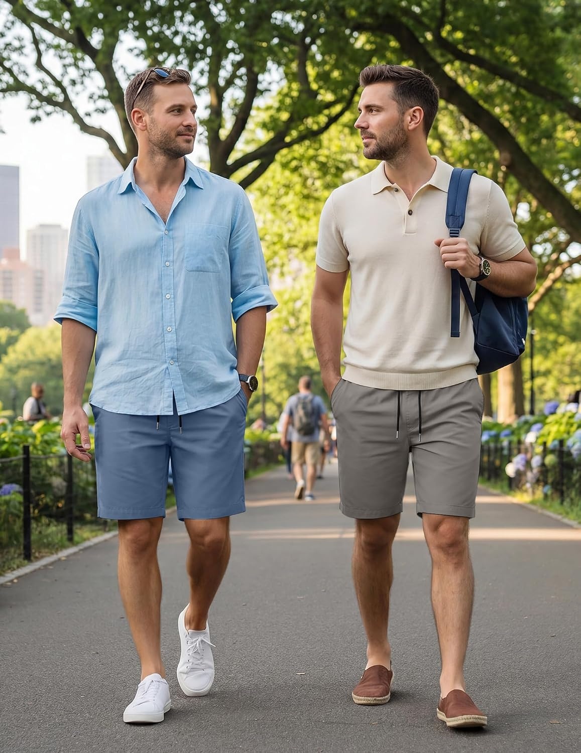 image:imageCOOFANDY Mens Casual Shorts Cotton Elastic Waist Drawstring Summer Shorts Stretch Waist Lightweight Soft Breathable Classic fit Vacation Beach Shorts2 Pack Dark Grey Denim Blue