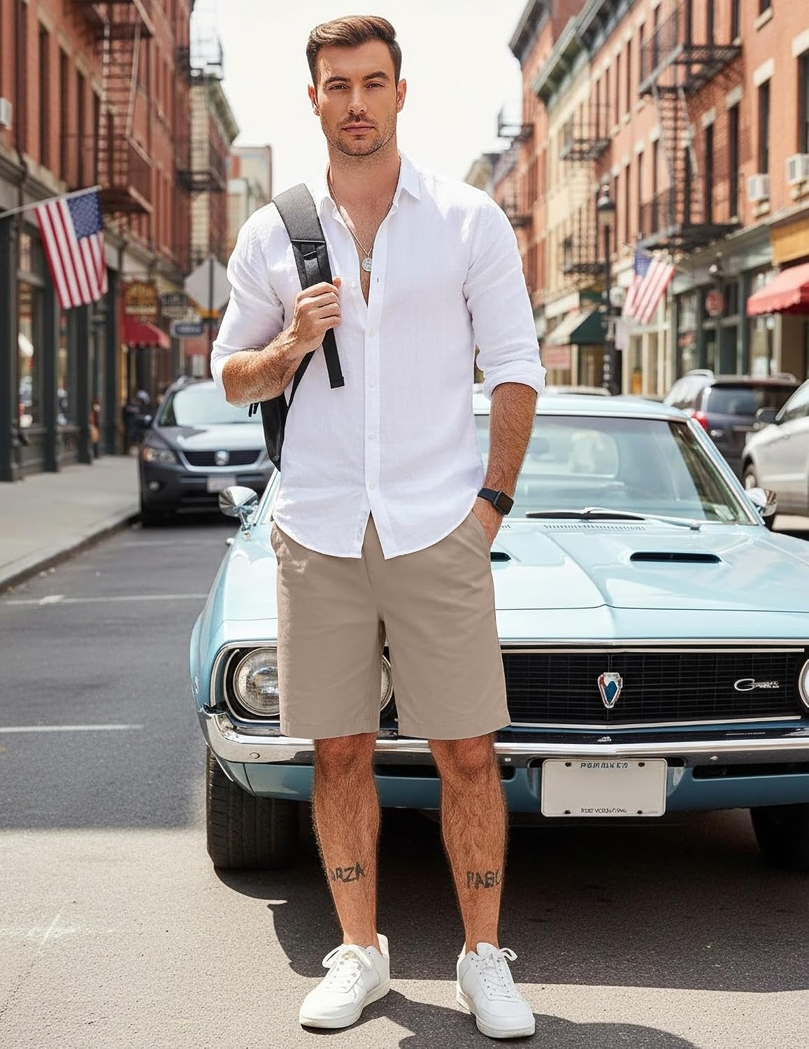 image:imageCOOFANDY Mens Casual Shorts Cotton Elastic Waist Drawstring Summer Shorts Stretch Waist Lightweight Soft Breathable Classic fit Vacation Beach ShortsKhaki2