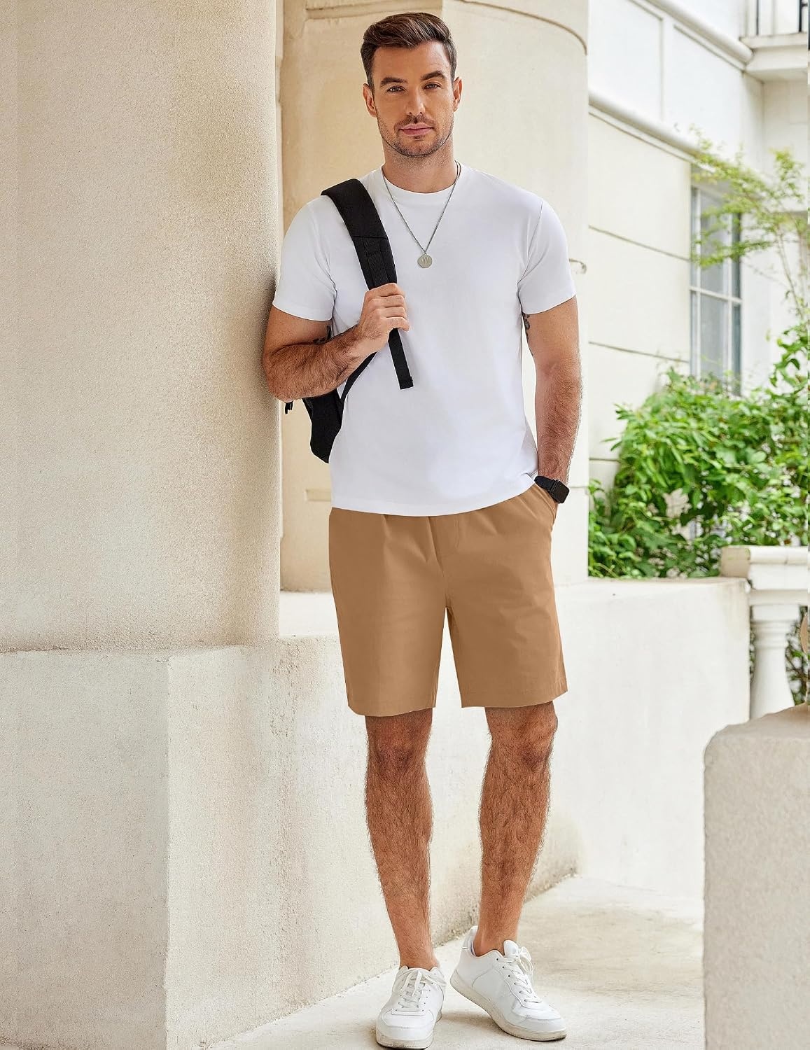 image:imageCOOFANDY Mens Casual Shorts Cotton Elastic Waist Drawstring Summer Shorts Stretch Waist Lightweight Soft Breathable Classic fit Vacation Beach ShortsDark Khaki