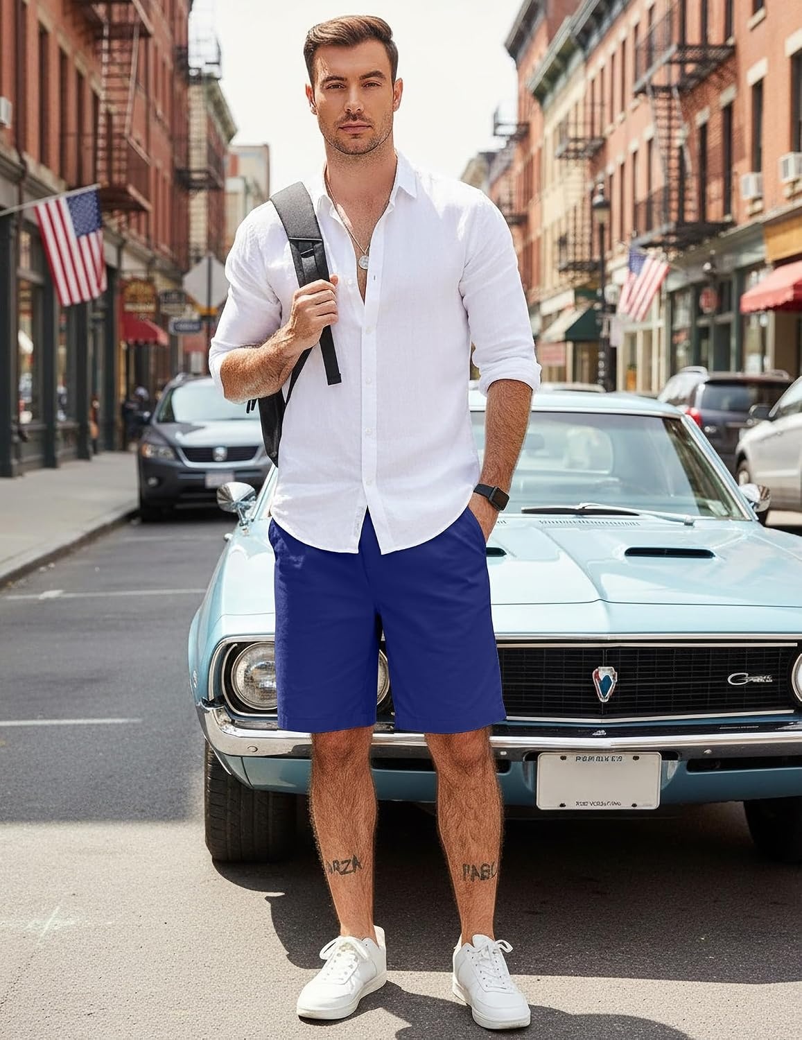 image:imageCOOFANDY Mens Casual Shorts Cotton Elastic Waist Drawstring Summer Shorts Stretch Waist Lightweight Soft Breathable Classic fit Vacation Beach ShortsDeep Blue