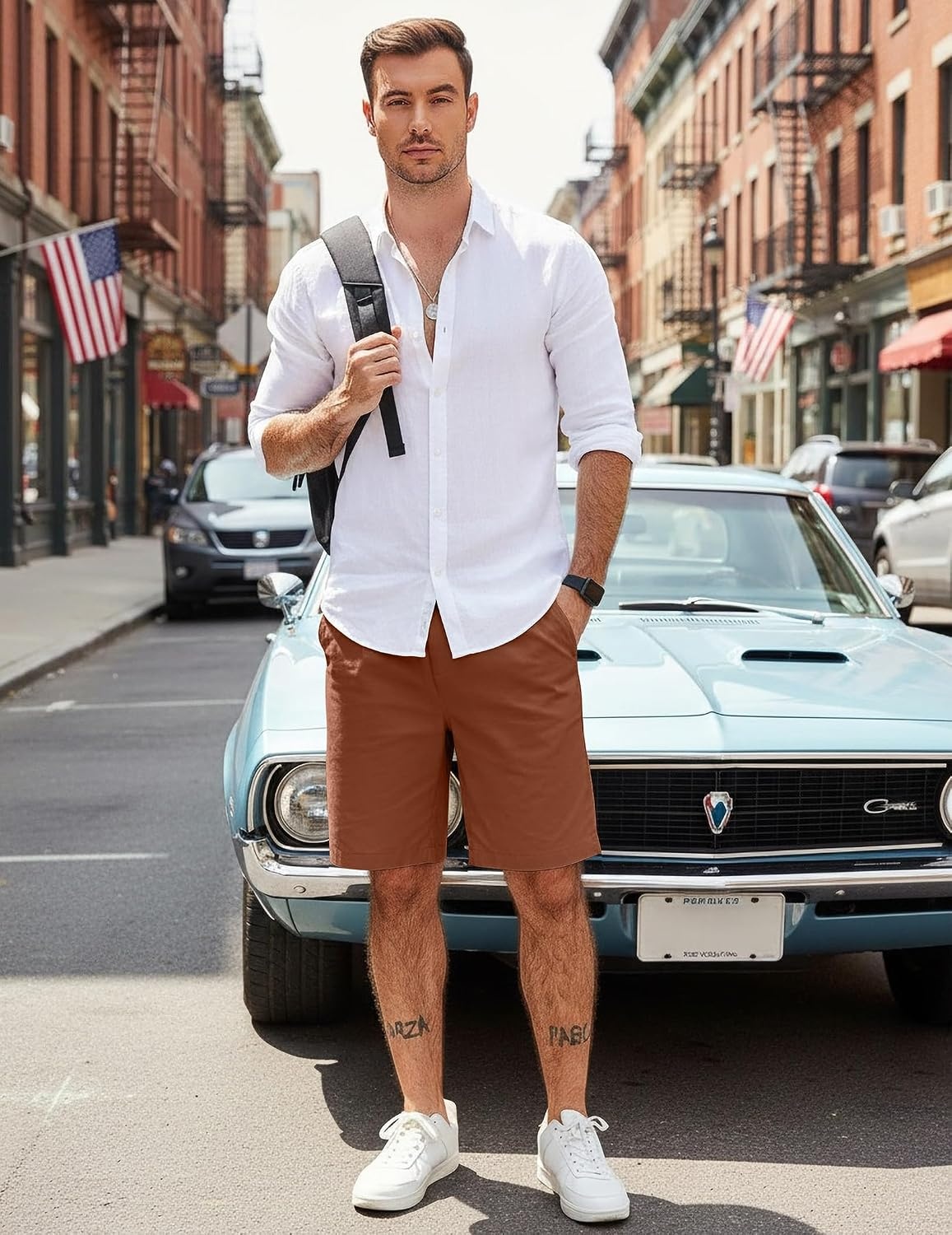 image:imageCOOFANDY Mens Casual Shorts Cotton Elastic Waist Drawstring Summer Shorts Stretch Waist Lightweight Soft Breathable Classic fit Vacation Beach ShortsClay Brown
