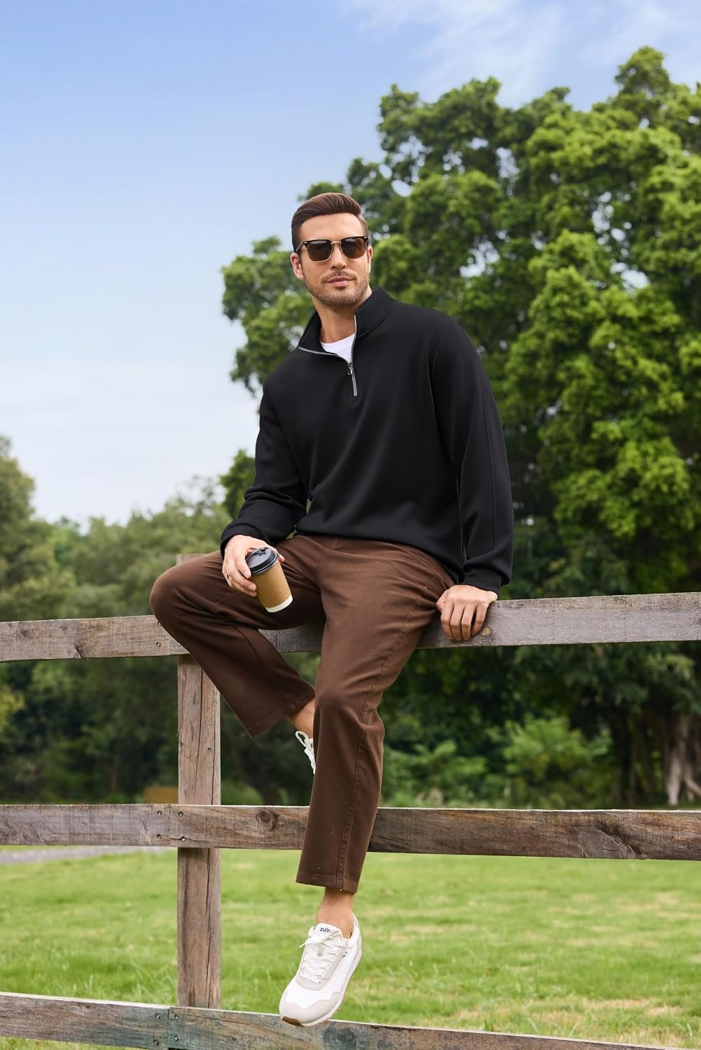 image:imageCOOFANDY Mens Quarter Zip Pullover Mock Neck Sweaters Men Golf Sweatshirt Silky Sheen Soft Fabric Long Sleeve Pullover Stretch Lightweight WrinkleFree Loose Fit Collared Casual Travel GolfAblack