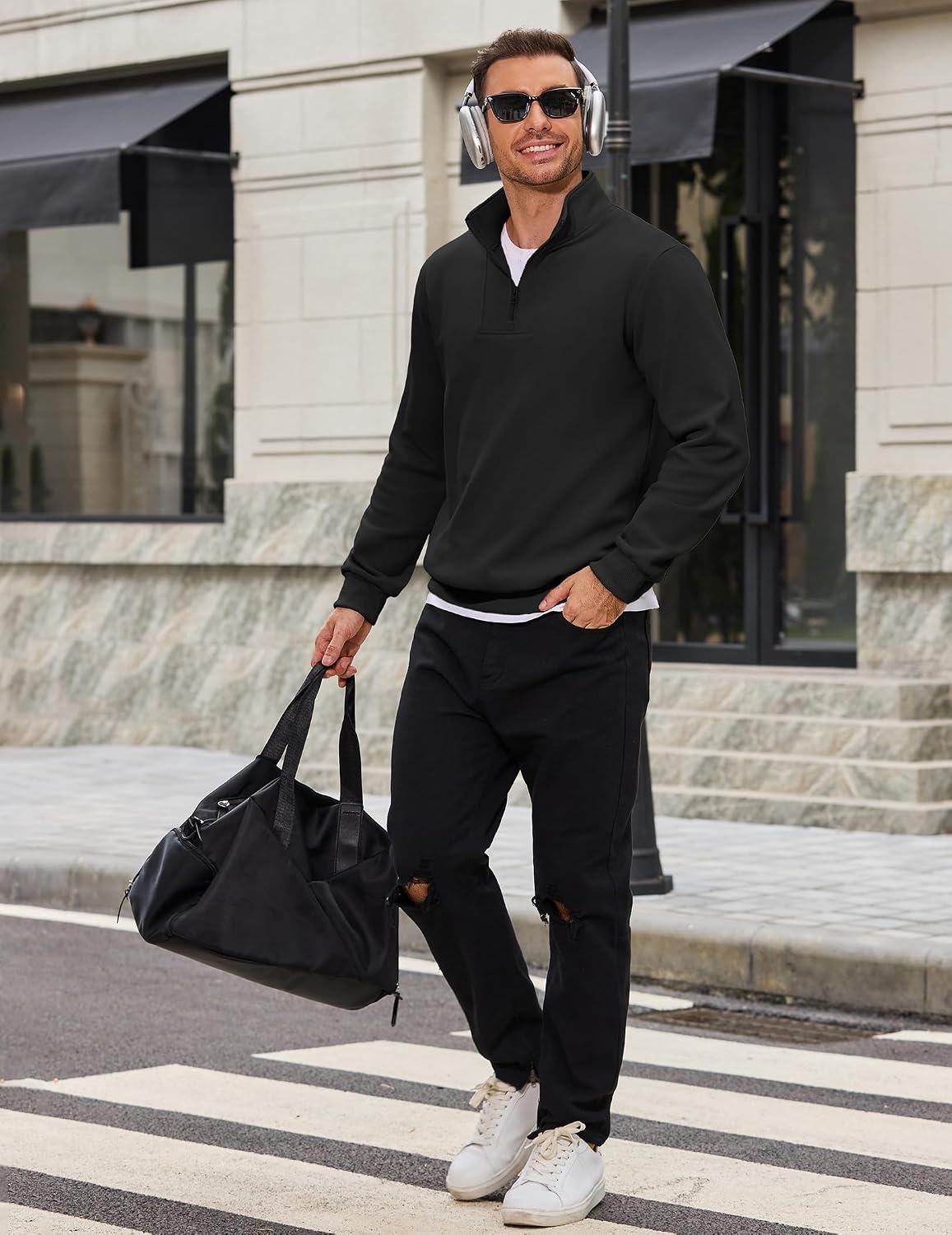 image:imageCOOFANDY Mens Quarter Zip Pullover Sweatshirt Mock Neck Fleece Long Sleeve Thermal Casual Polo ShirtBlack
