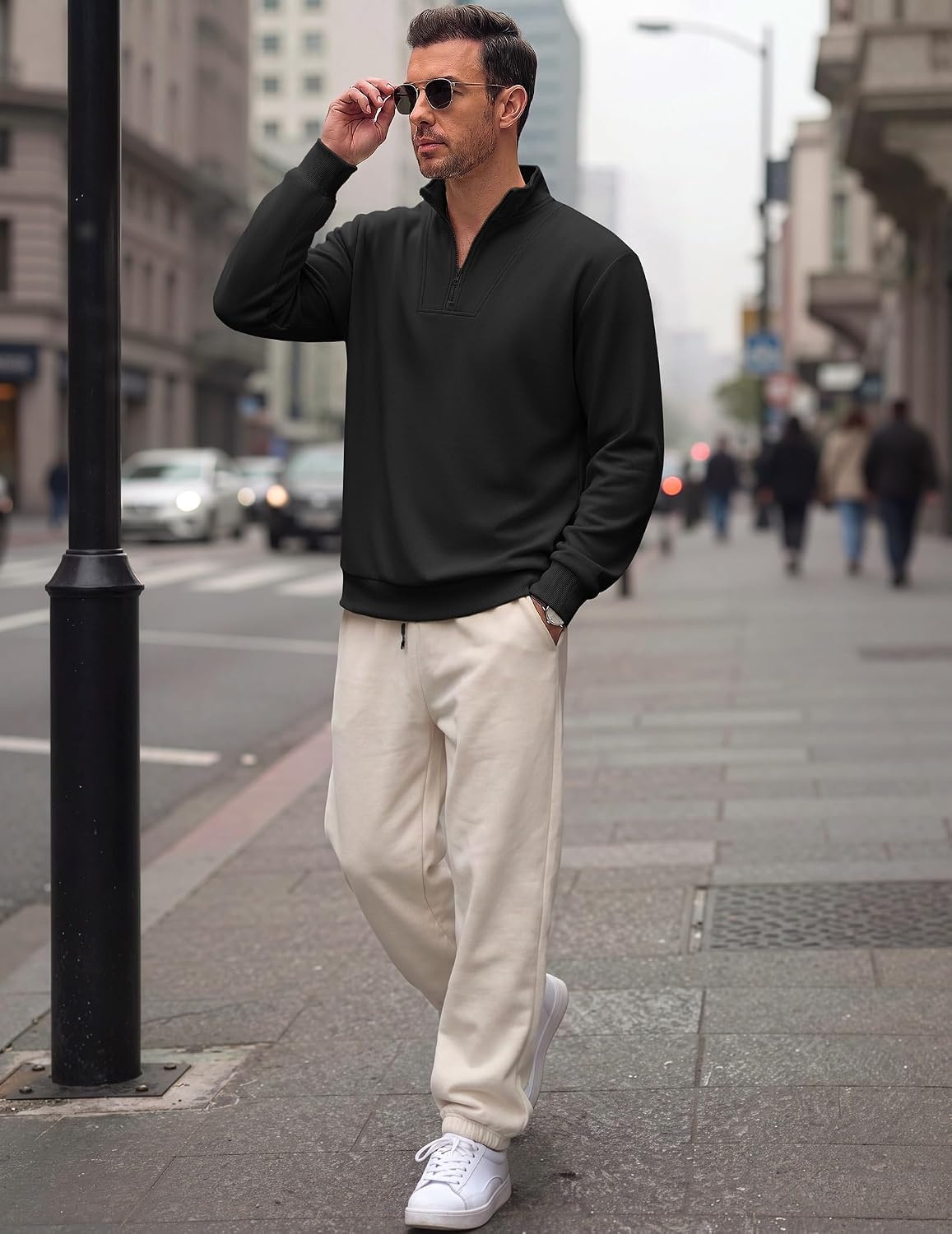 image:imageCOOFANDY Mens Quarter Zip Pullover Sweatshirt Mock Neck Fleece Long Sleeve Thermal Casual Polo ShirtBlack
