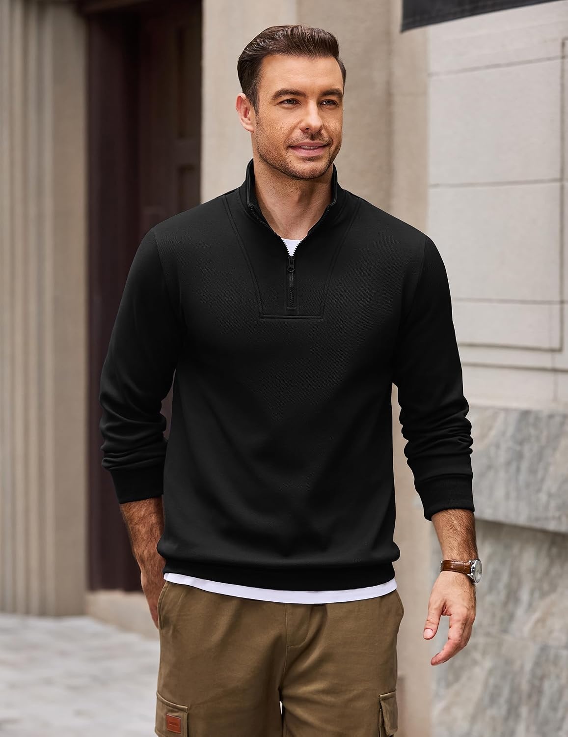 image:imageCOOFANDY Mens Quarter Zip Pullover Sweatshirt Mock Neck Fleece Long Sleeve Thermal Casual Polo ShirtBlack