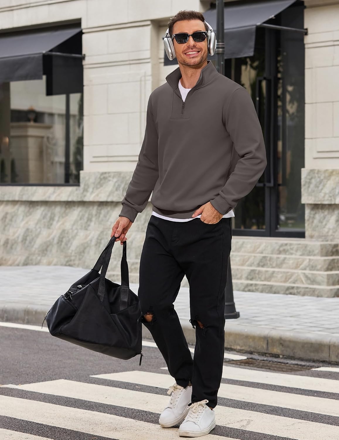 image:imageCOOFANDY Mens Quarter Zip Pullover Sweatshirt Mock Neck Fleece Long Sleeve Thermal Casual Polo ShirtDark Grey
