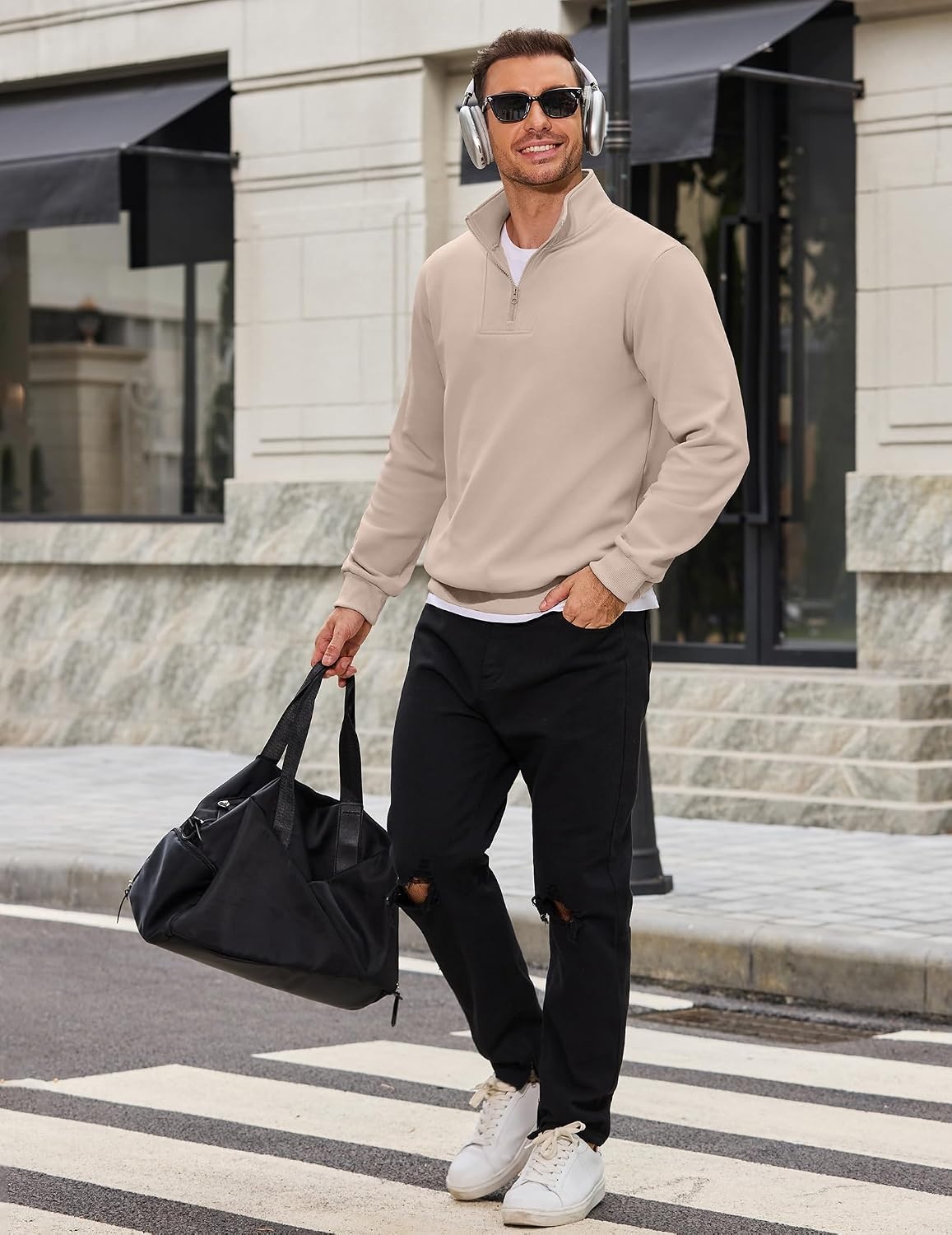image:imageCOOFANDY Mens Quarter Zip Pullover Sweatshirt Mock Neck Fleece Long Sleeve Thermal Casual Polo ShirtLight Khaki