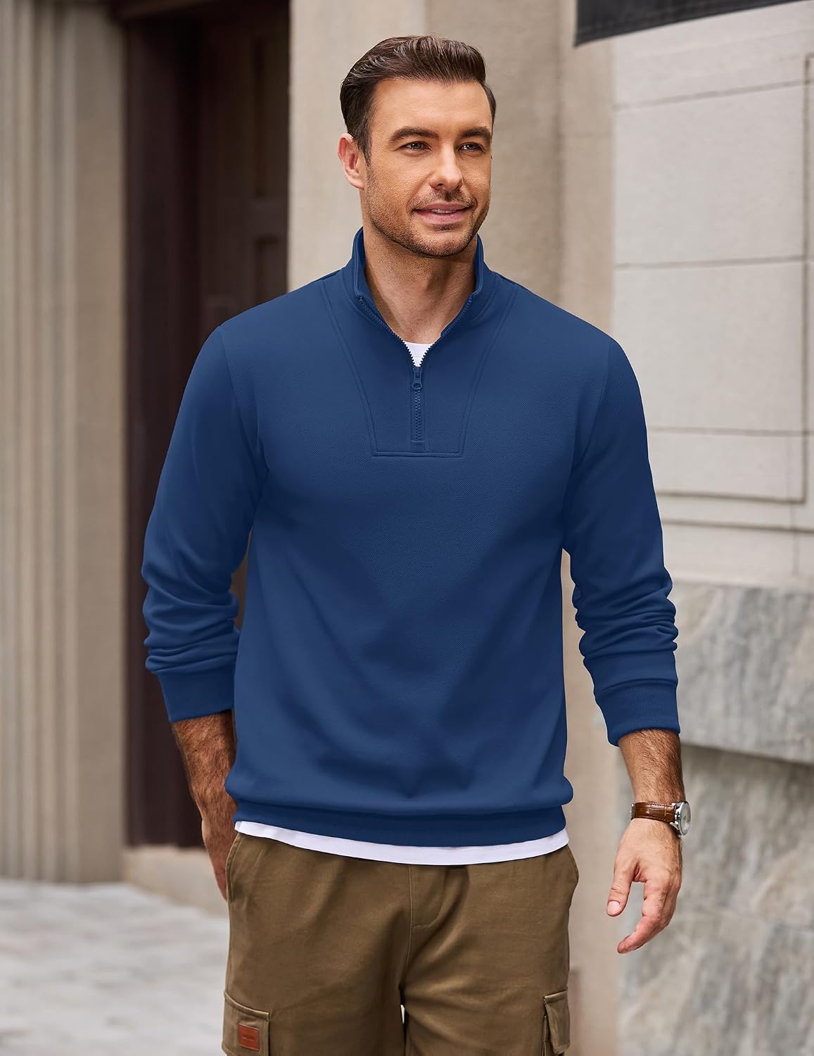 image:imageCOOFANDY Mens Quarter Zip Pullover Sweatshirt Mock Neck Fleece Long Sleeve Thermal Casual Polo ShirtSky Blue