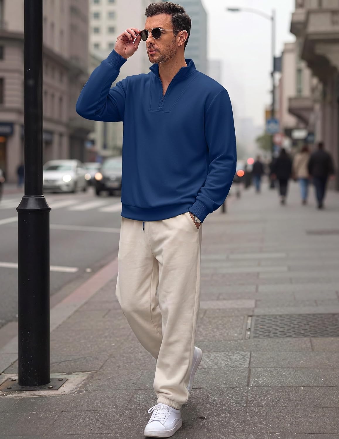 image:imageCOOFANDY Mens Quarter Zip Pullover Sweatshirt Mock Neck Fleece Long Sleeve Thermal Casual Polo ShirtSky Blue