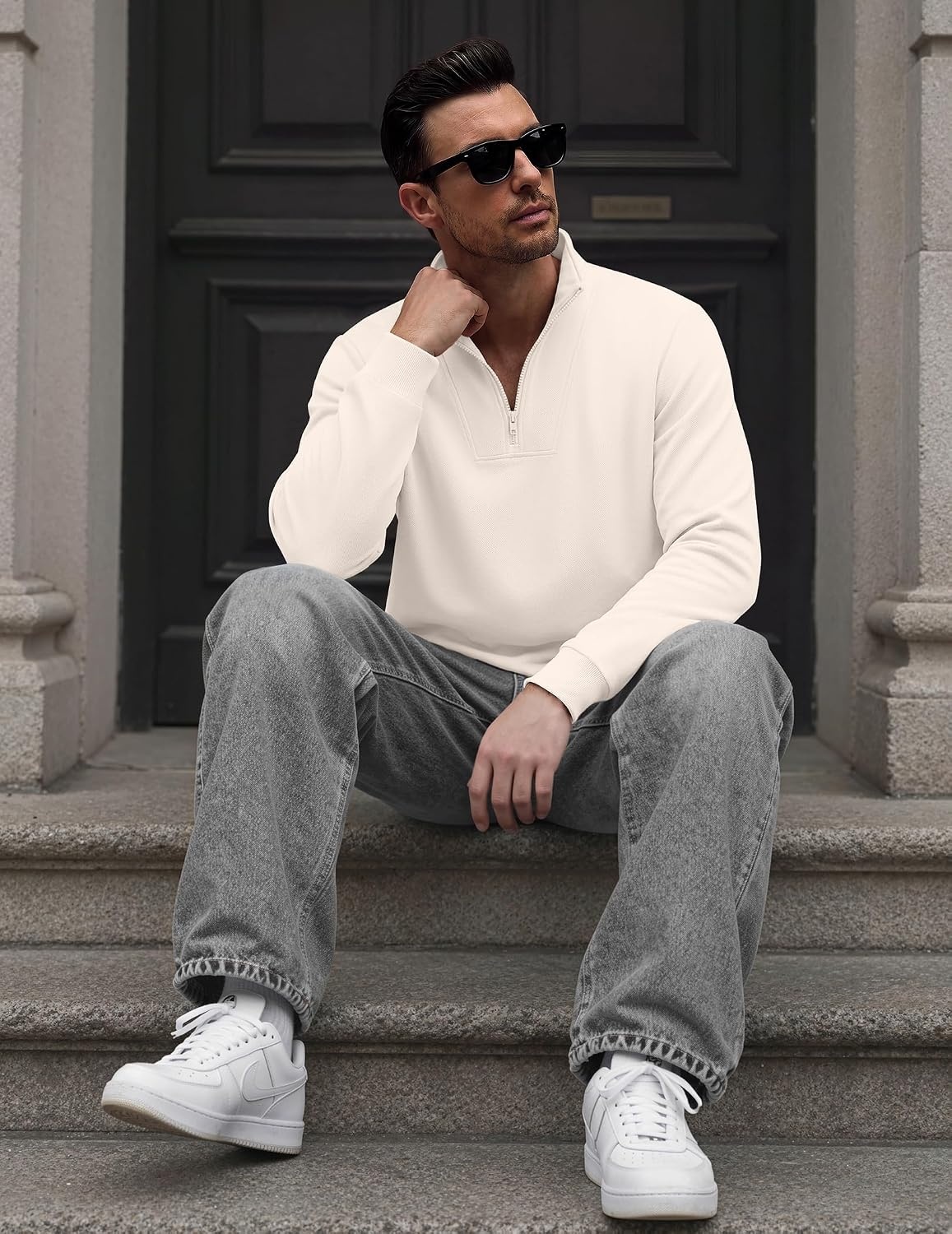 image:imageCOOFANDY Mens Quarter Zip Pullover Sweatshirt Mock Neck Fleece Long Sleeve Thermal Casual Polo ShirtWhite