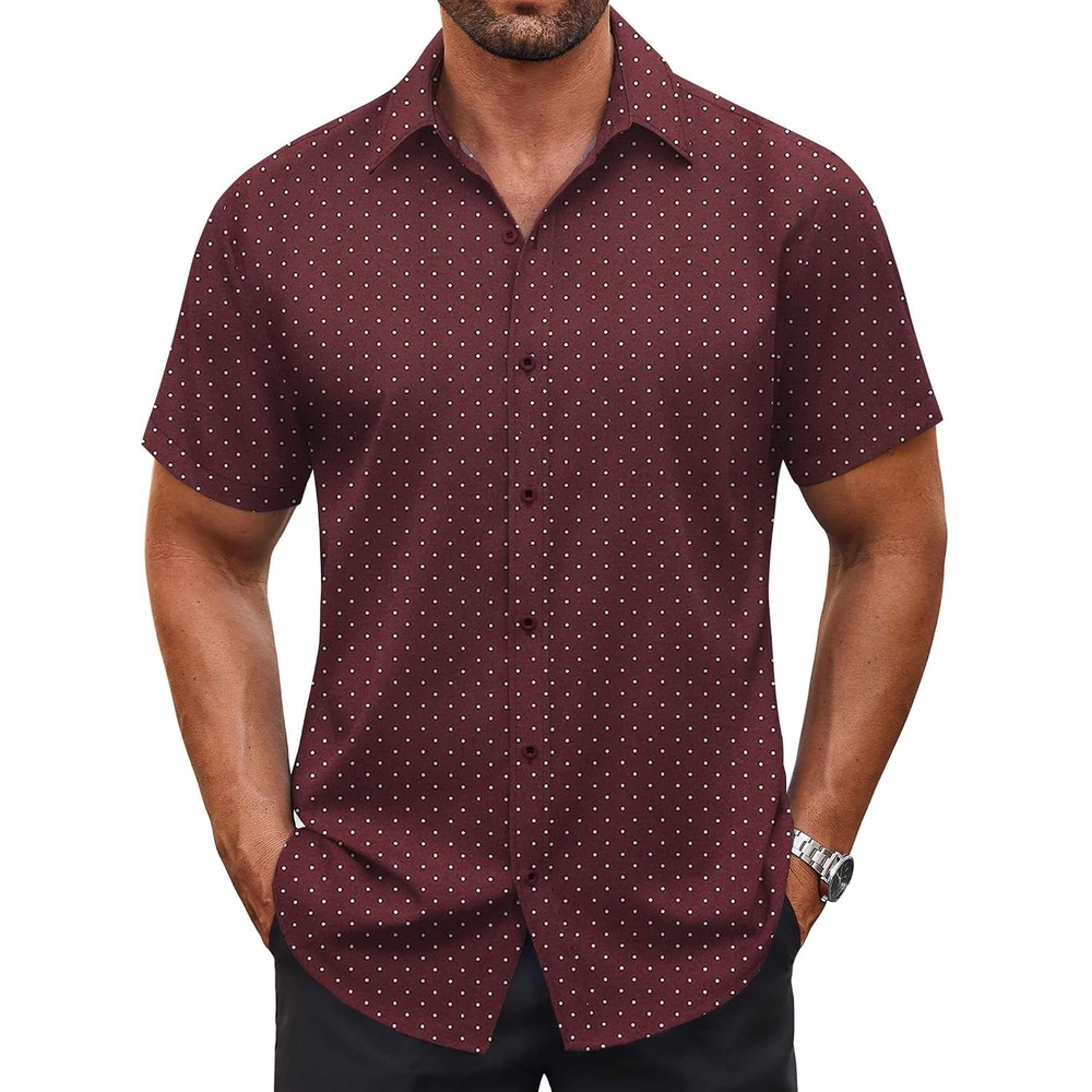 image:imageCOOFANDY Mens Button Down Shirt Short Sleeve Dress Shirt Casual Beach Summer Wedding ShirtWine Redpolka Dots