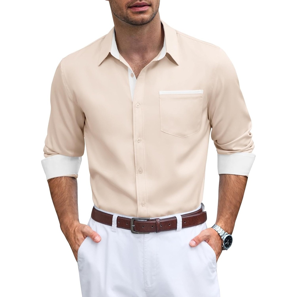 image:imageCOOFANDY Mens Button Down Shirts Wrinkle Free Dress Shirts for Men CasualChampagne