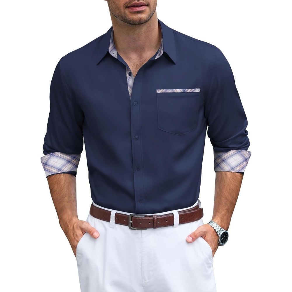 image:imageCOOFANDY Mens Button Down Shirts Wrinkle Free Dress Shirts for Men CasualNavy Blueblue White Grid