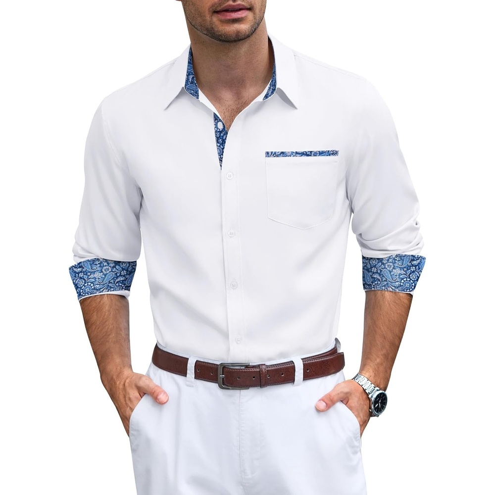 image:imageCOOFANDY Mens Button Down Shirts Wrinkle Free Dress Shirts for Men CasualWhitesmall Flowers
