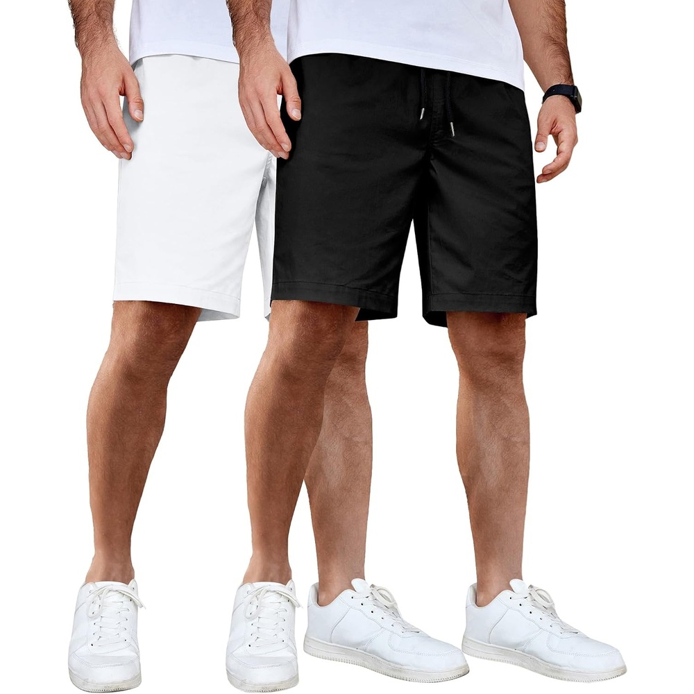 image:imageCOOFANDY Mens Casual Shorts Cotton Elastic Waist Drawstring Summer Shorts Stretch Waist Lightweight Soft Breathable Classic fit Vacation Beach Shorts2 Pack Black White