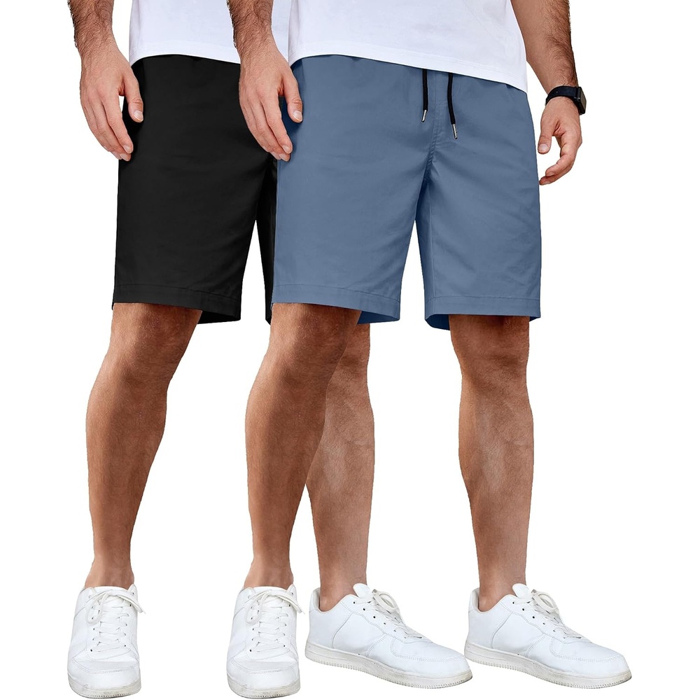 image:imageCOOFANDY Mens Casual Shorts Cotton Elastic Waist Drawstring Summer Shorts Stretch Waist Lightweight Soft Breathable Classic fit Vacation Beach Shorts2 Pack Black Denim Blue
