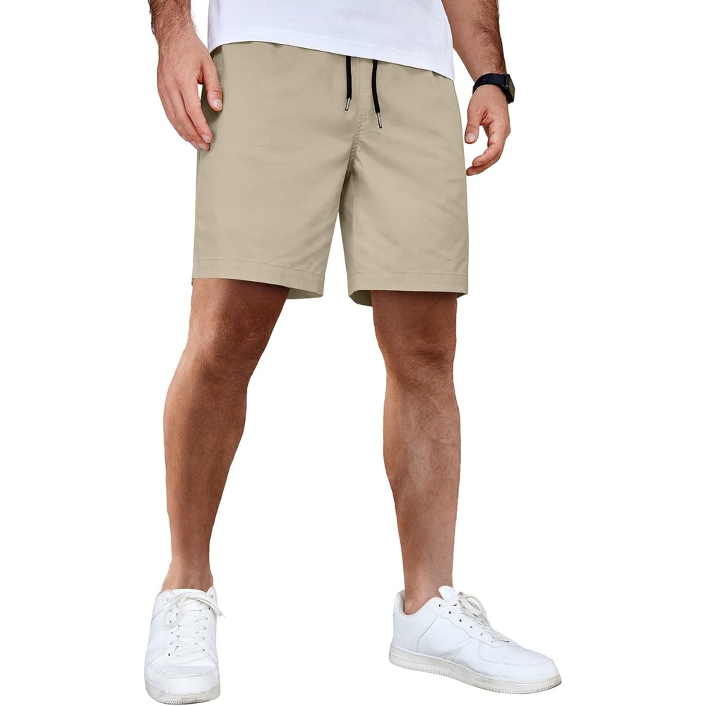 image:imageCOOFANDY Mens Casual Shorts Cotton Elastic Waist Drawstring Summer Shorts Stretch Waist Lightweight Soft Breathable Classic fit Vacation Beach ShortsLight Khaki