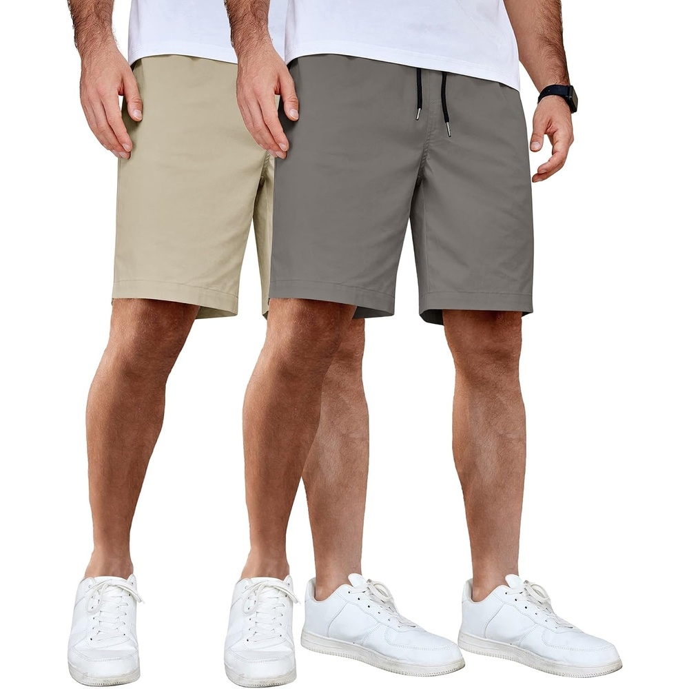 image:imageCOOFANDY Mens Casual Shorts Cotton Elastic Waist Drawstring Summer Shorts Stretch Waist Lightweight Soft Breathable Classic fit Vacation Beach Shorts2 Pack Dark Grey Light Khaki
