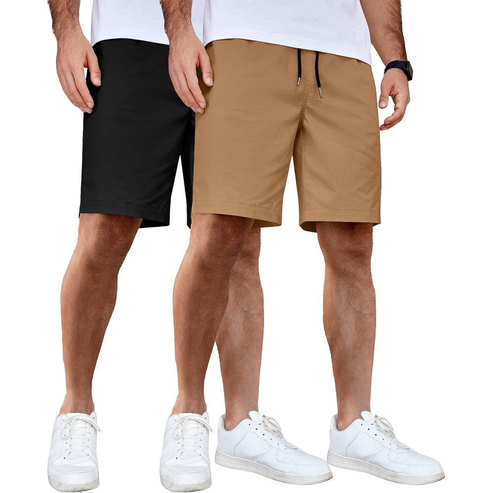 image:imageCOOFANDY Mens Casual Shorts Cotton Elastic Waist Drawstring Summer Shorts Stretch Waist Lightweight Soft Breathable Classic fit Vacation Beach Shorts2 Pack Black Dark Khaki