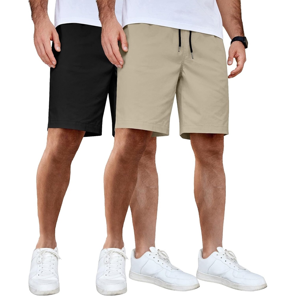 image:imageCOOFANDY Mens Casual Shorts Cotton Elastic Waist Drawstring Summer Shorts Stretch Waist Lightweight Soft Breathable Classic fit Vacation Beach Shorts2 Pack Black Light Khaki