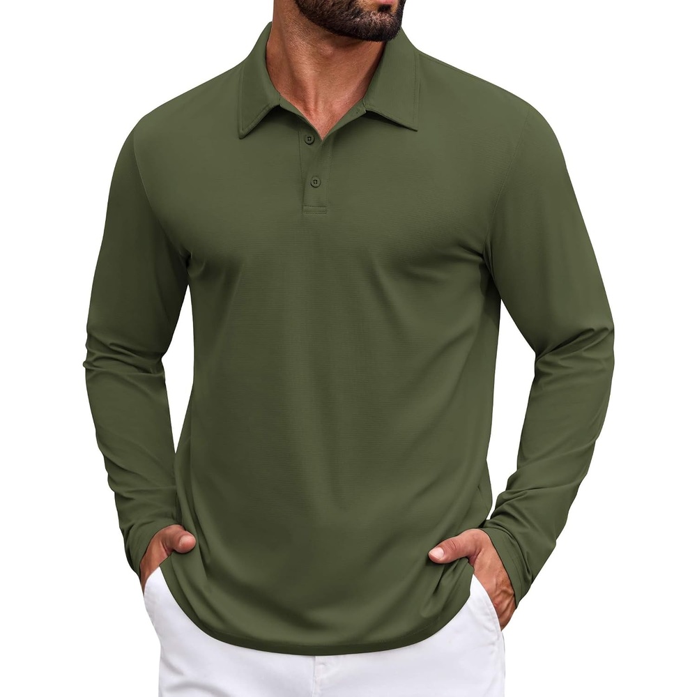 image:imageCOOFANDY Mens Polo Shirts Long Sleeve Button Golf Shirts Performance Quick Dry Sun Protection PolosArmy Green