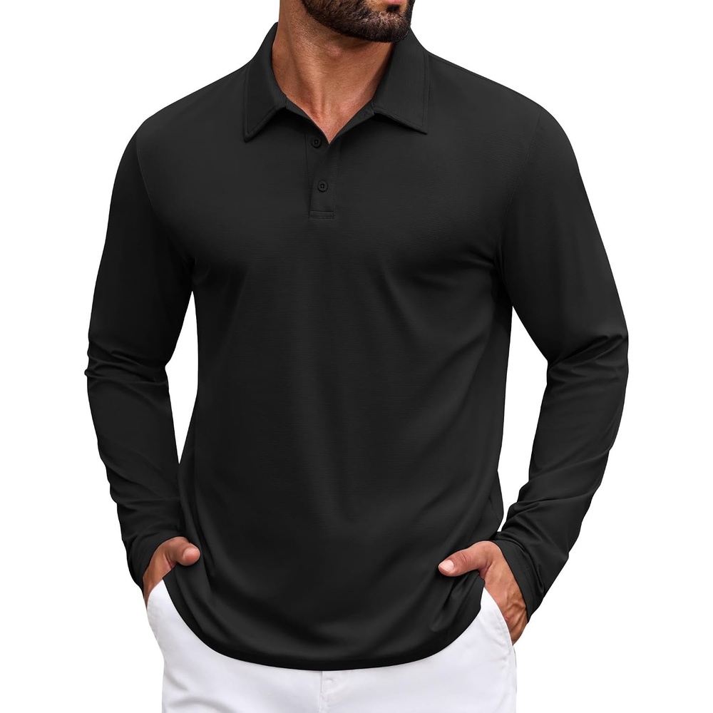 image:imageCOOFANDY Mens Polo Shirts Long Sleeve Button Golf Shirts Performance Quick Dry Sun Protection PolosBlack
