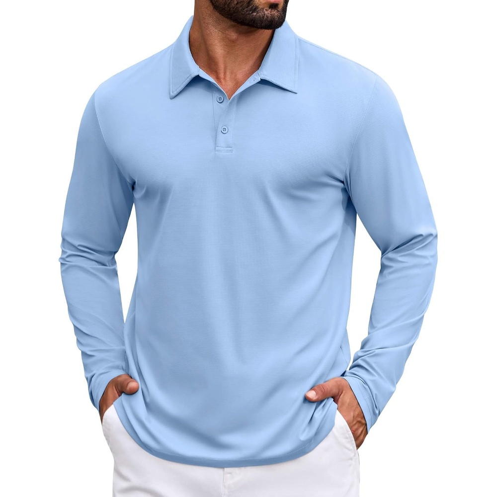 image:imageCOOFANDY Mens Polo Shirts Long Sleeve Button Golf Shirts Performance Quick Dry Sun Protection PolosClear Blue