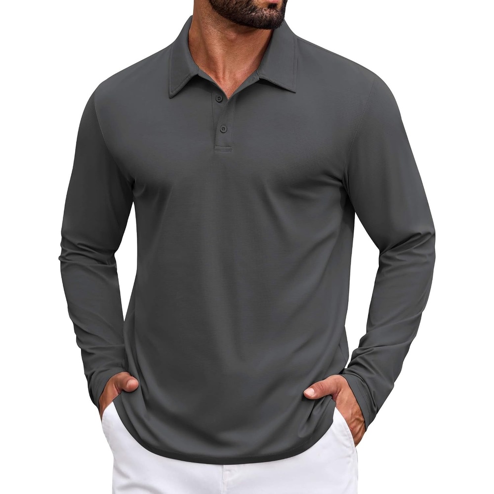 image:imageCOOFANDY Mens Polo Shirts Long Sleeve Button Golf Shirts Performance Quick Dry Sun Protection PolosDark Gray