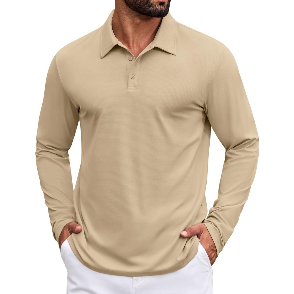 image:imageCOOFANDY Mens Polo Shirts Long Sleeve Button Golf Shirts Performance Quick Dry Sun Protection PolosLight Apricot