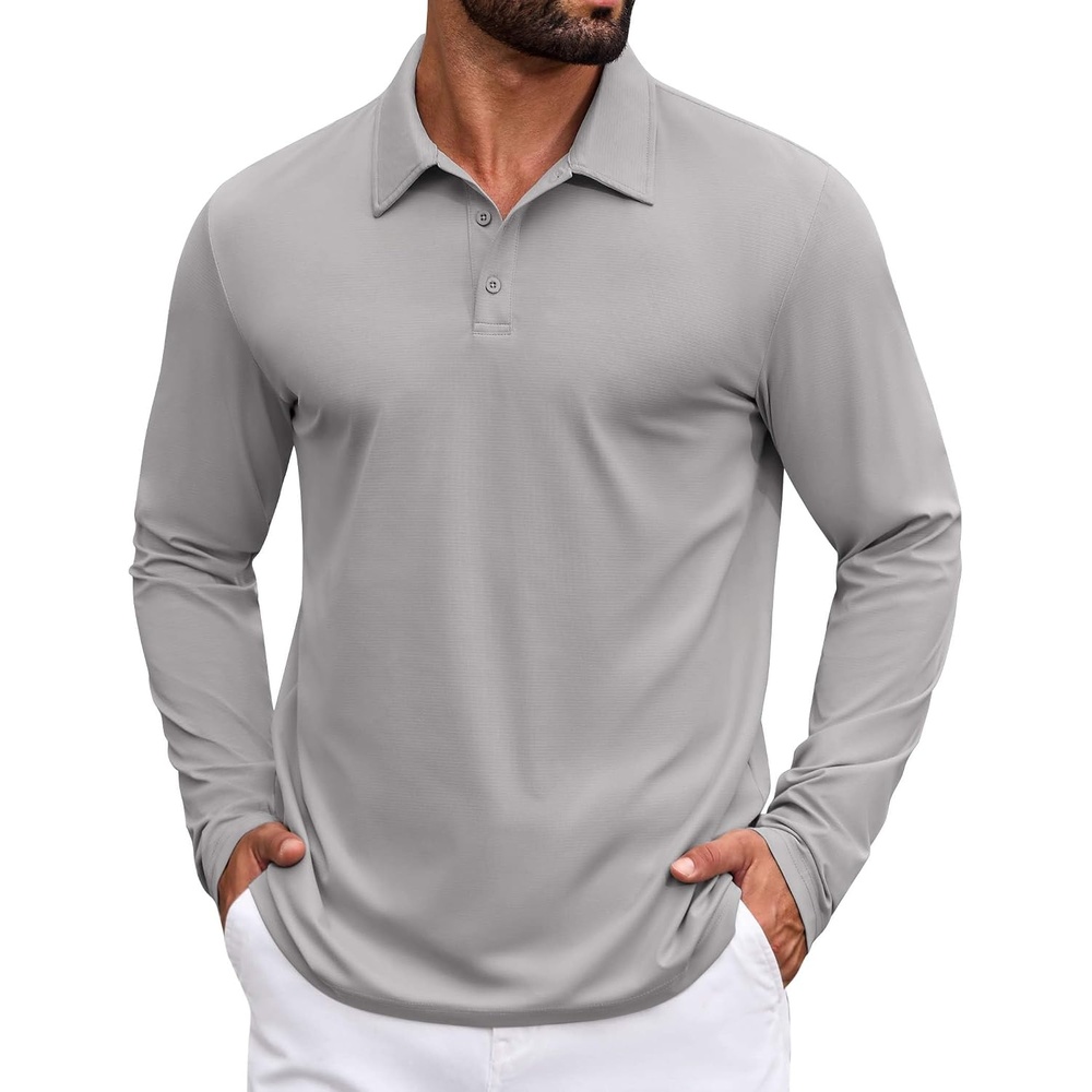 image:imageCOOFANDY Mens Polo Shirts Long Sleeve Button Golf Shirts Performance Quick Dry Sun Protection PolosLight Gray