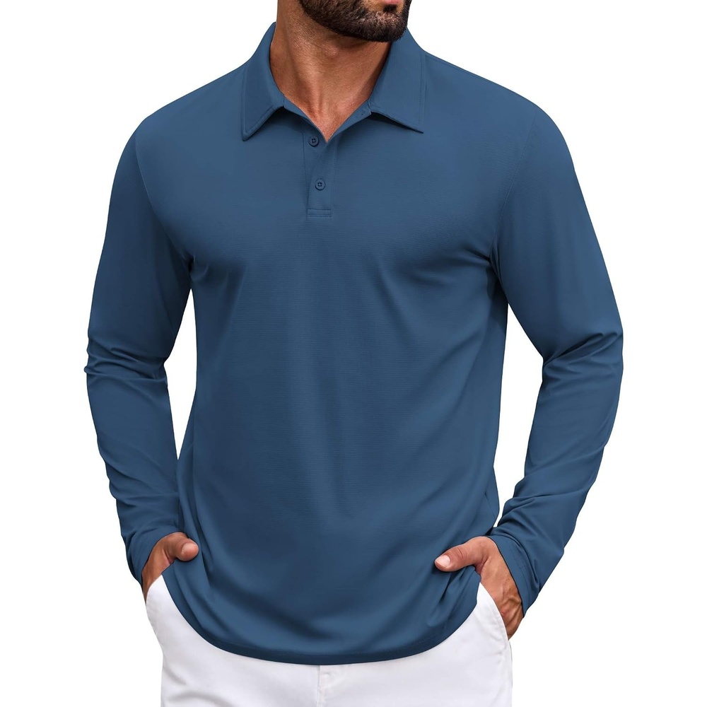 image:imageCOOFANDY Mens Polo Shirts Long Sleeve Button Golf Shirts Performance Quick Dry Sun Protection PolosNavu Blue