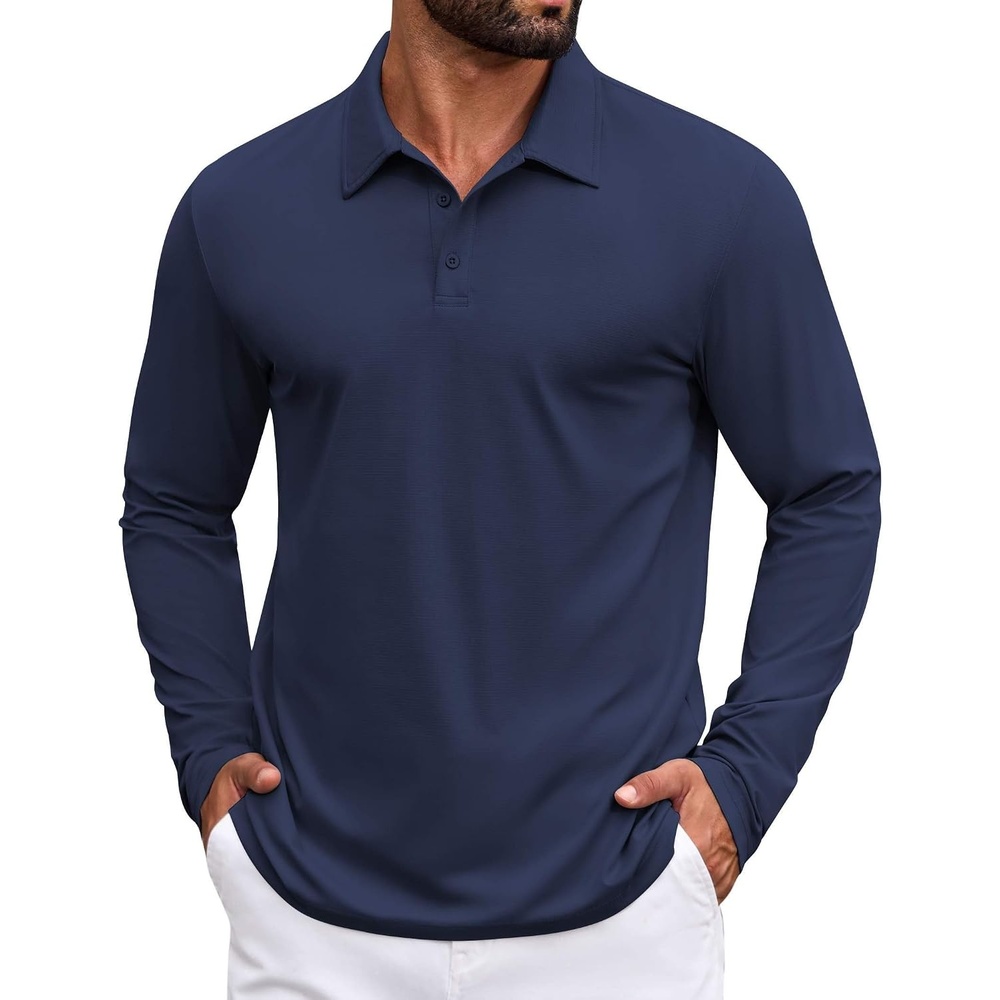 image:imageCOOFANDY Mens Polo Shirts Long Sleeve Button Golf Shirts Performance Quick Dry Sun Protection PolosOxford Blue
