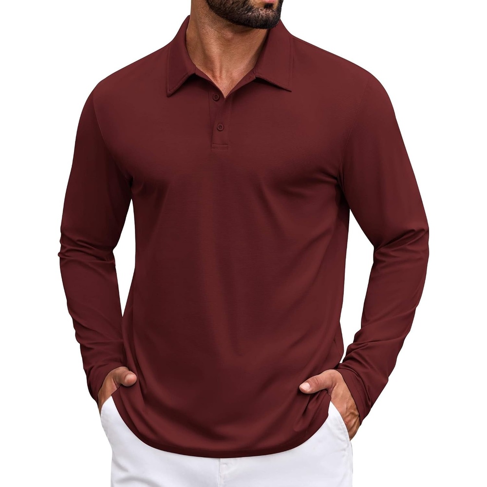 image:imageCOOFANDY Mens Polo Shirts Long Sleeve Button Golf Shirts Performance Quick Dry Sun Protection PolosWine Red