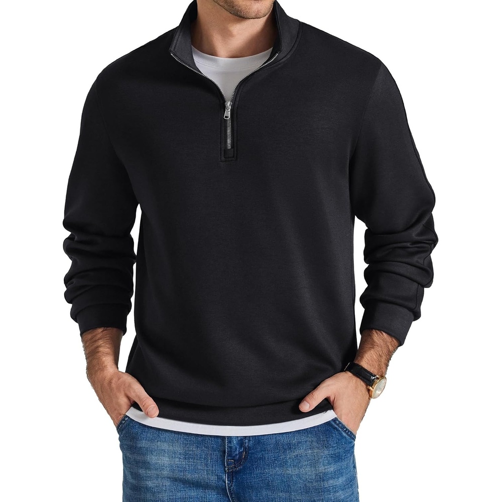 image:imageCOOFANDY Mens Quarter Zip Pullover Mock Neck Sweaters Men Golf Sweatshirt Silky Sheen Soft Fabric Long Sleeve Pullover Stretch Lightweight WrinkleFree Loose Fit Collared Casual Travel GolfAblack