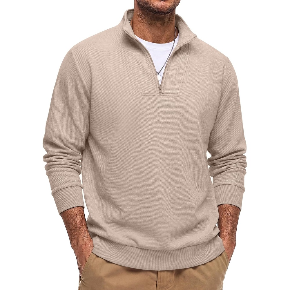 image:imageCOOFANDY Mens Quarter Zip Pullover Sweatshirt Mock Neck Fleece Long Sleeve Thermal Casual Polo ShirtLight Khaki