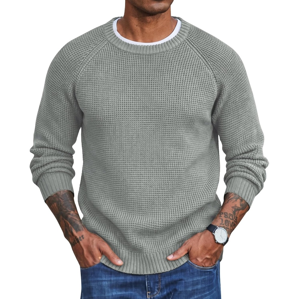 image:imageCOOFANDY Mens Sweater Crewneck Pullover Waffle Knit Long Sleeve Sweaters Crewneck Classic Design Waffle Knit Textured Raglan Long Sleeve Soft Warm Comfort Durable Thick Stretch Regular FitLight Grey
