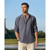 COOFANDY Men’s Cotton Linen Henley T-Shirts Long Sleeve Casual Beach Shirts | Mens Linen Shirt,Regular Relaxed Fit,Lightweight,Breathable,and Moisture-wicking for Beach,Vacation or Everyday Summer Wear(Navy Striped)