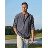 COOFANDY Men’s Cotton Linen Henley T-Shirts Long Sleeve Casual Beach Shirts | Mens Linen Shirt,Regular Relaxed Fit,Lightweight,Breathable,and Moisture-wicking for Beach,Vacation or Everyday Summer Wear(Navy Striped)