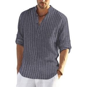 COOFANDY Men’s Cotton Linen Henley T-Shirts Long Sleeve Casual Beach Shirts | Mens Linen Shirt,Regular Relaxed Fit,Lightweight,Breathable,and Moisture-wicking for Beach,Vacation or Everyday Summer Wear(Navy Striped)