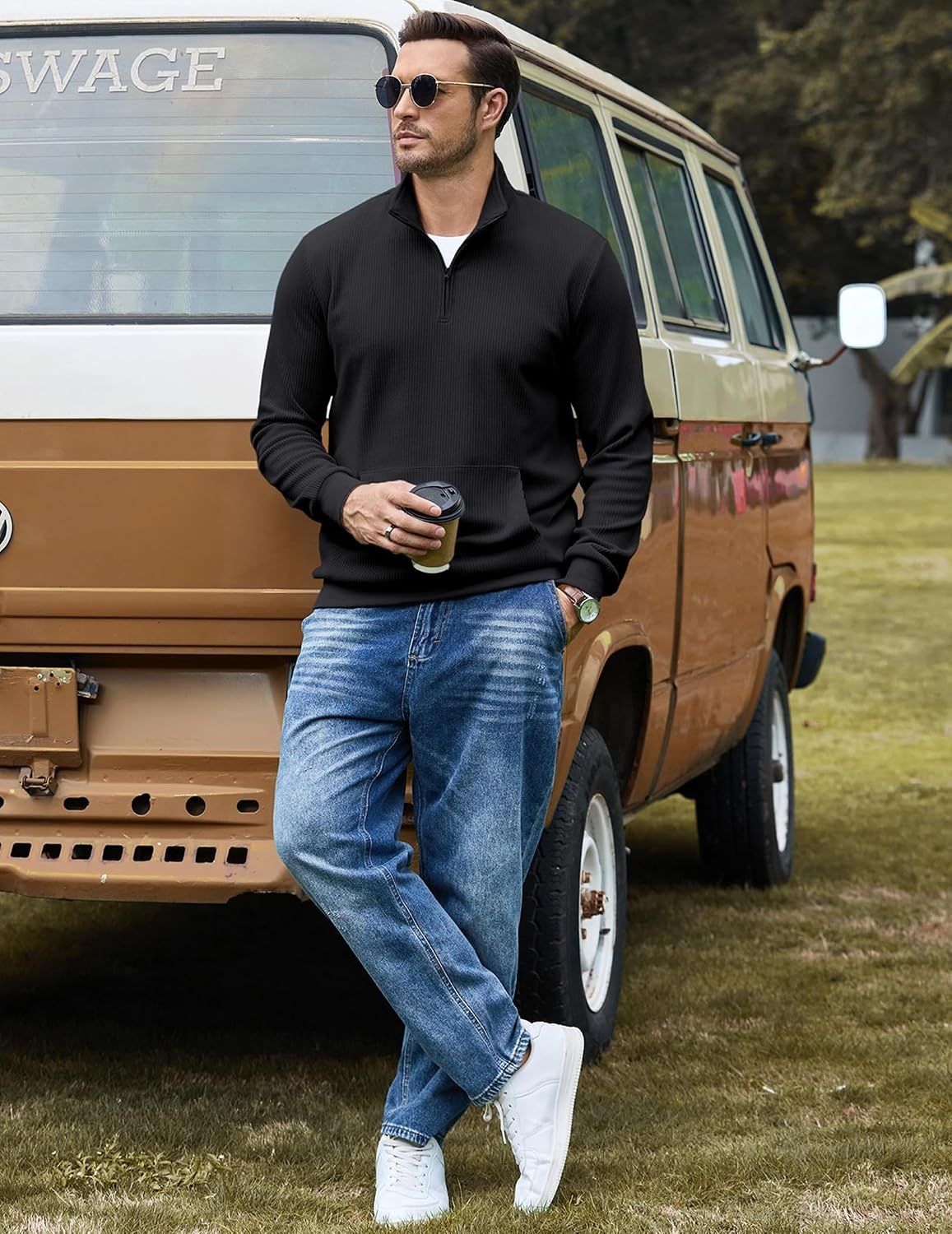 image:imageCOOFANDY Men Quarter Zip Pullover Mock Neck Long Sleeve Corduroy Sweatshirt Lightweight Soft Warm Slightly Stretchy Regular Fit Old Money Business Casual Wear Fall Winter S3XLBlack