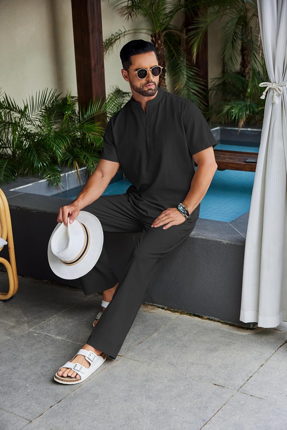 image:imageCOOFANDY Mens 2 Piece Cotton Linen Sets Beach Outfits Pants and Shirt Set Linen Outfits Set with Pockets Casual Short Sleeve Henley Shirts Beach Pants with Pockets Summer Vacation Yoga OutfitsAblack
